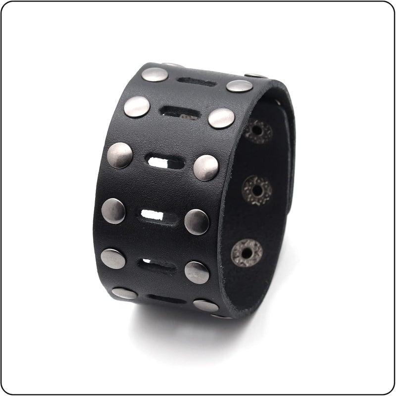 Fusamk Punk Rock Double Row Rivets Wristband Hollow Wide Leather Cuff Bracelet - Image 4